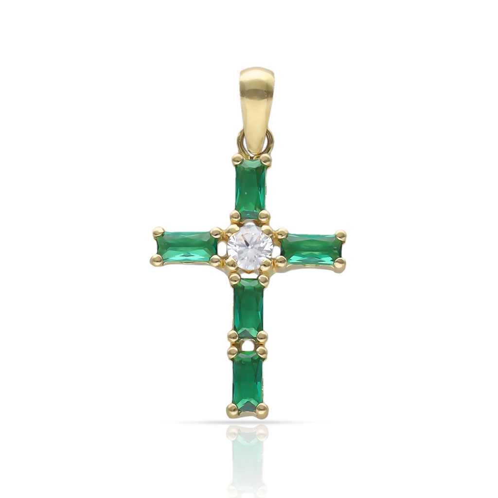 CRUZ ORO 18KL PIEDRAS VERDES + CIRCONITAS - 13x18MM