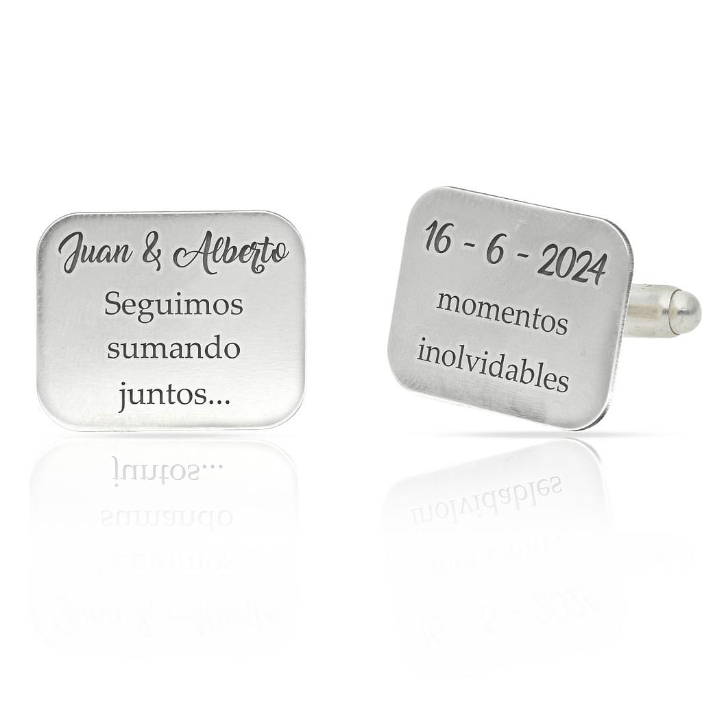 GEMELOS RECTANGULARES PLATA 925MM NOMBRES + FECHA