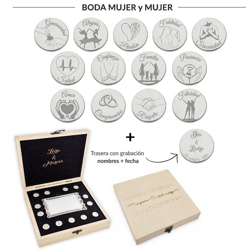 ARRAS PERSONALIZADAS BODA MUJER + MUJER · PLATA DE LEY + ESTUCHE MADERA + BANDEJA