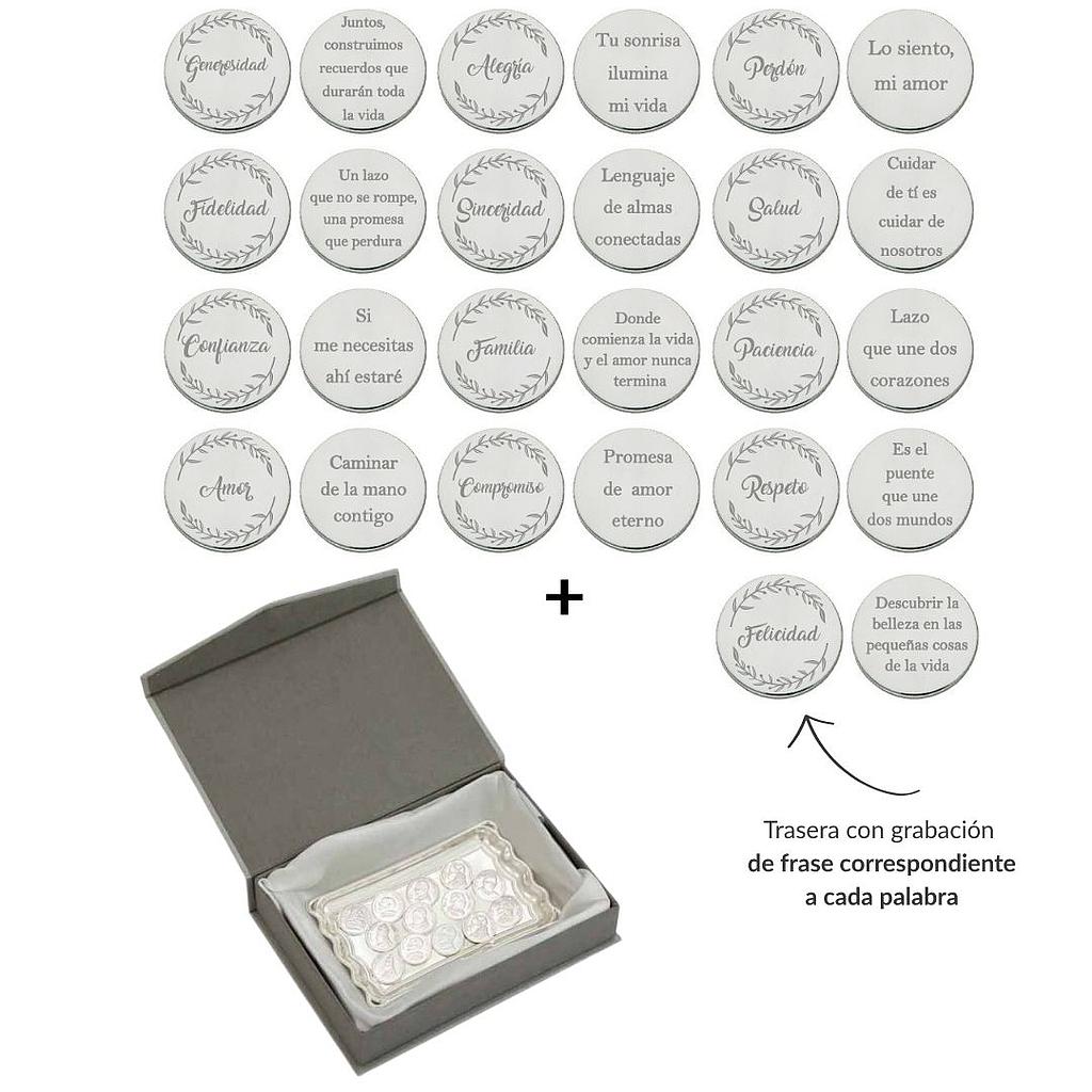 ARRAS PERSONALIZADAS PALABRA + FRASE · PLATA DE LEY + BANDEJA + ESTUCHE