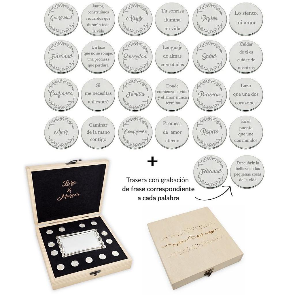 ARRAS PERSONALIZADAS PALABRA + FRASE · PLATA DE LEY + ESTUCHE MADERA + BANDEJA