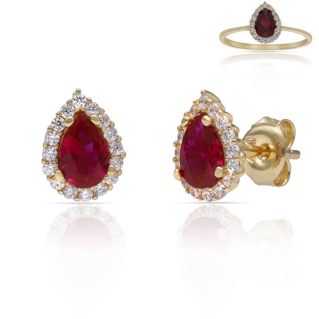 PENDIENTES ORO 18KL LAGRIMA PIEDRA ROJA - 6x9MM