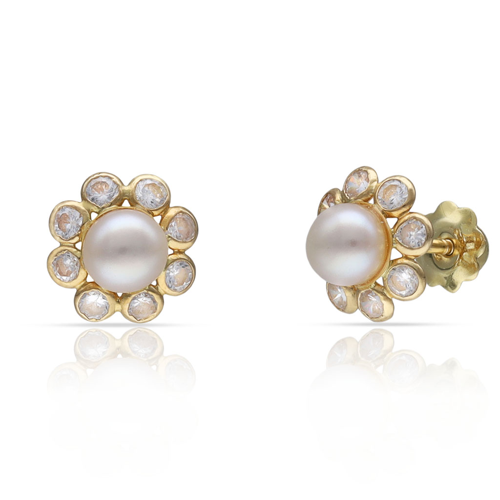 PENDIENTES ORO 18KL PERLA + CIRCONITAS - 8MM