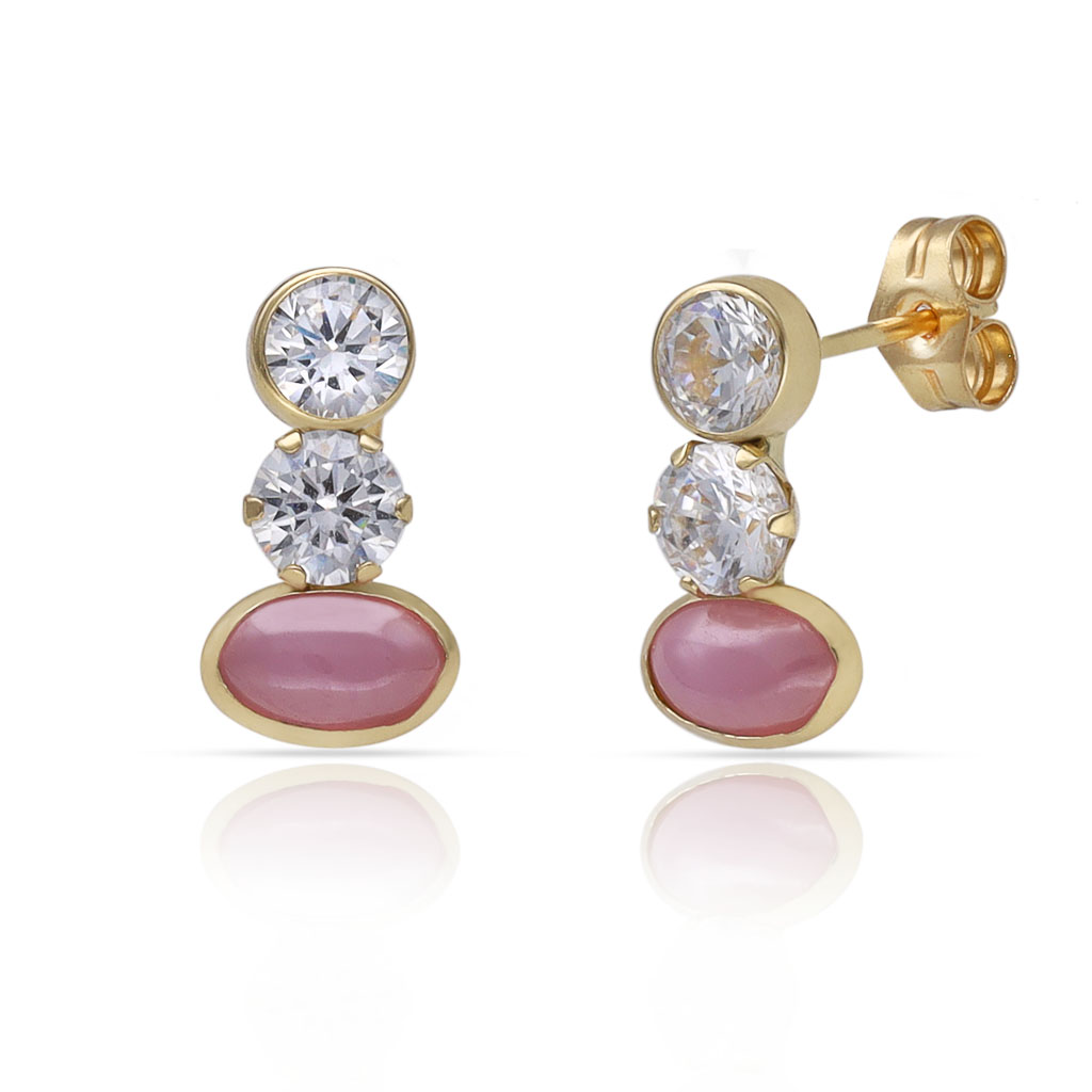 PENDIENTES ORO 18KL PIEDRA ROSA MILKY + CIRCONITAS - 6.50x12MM
