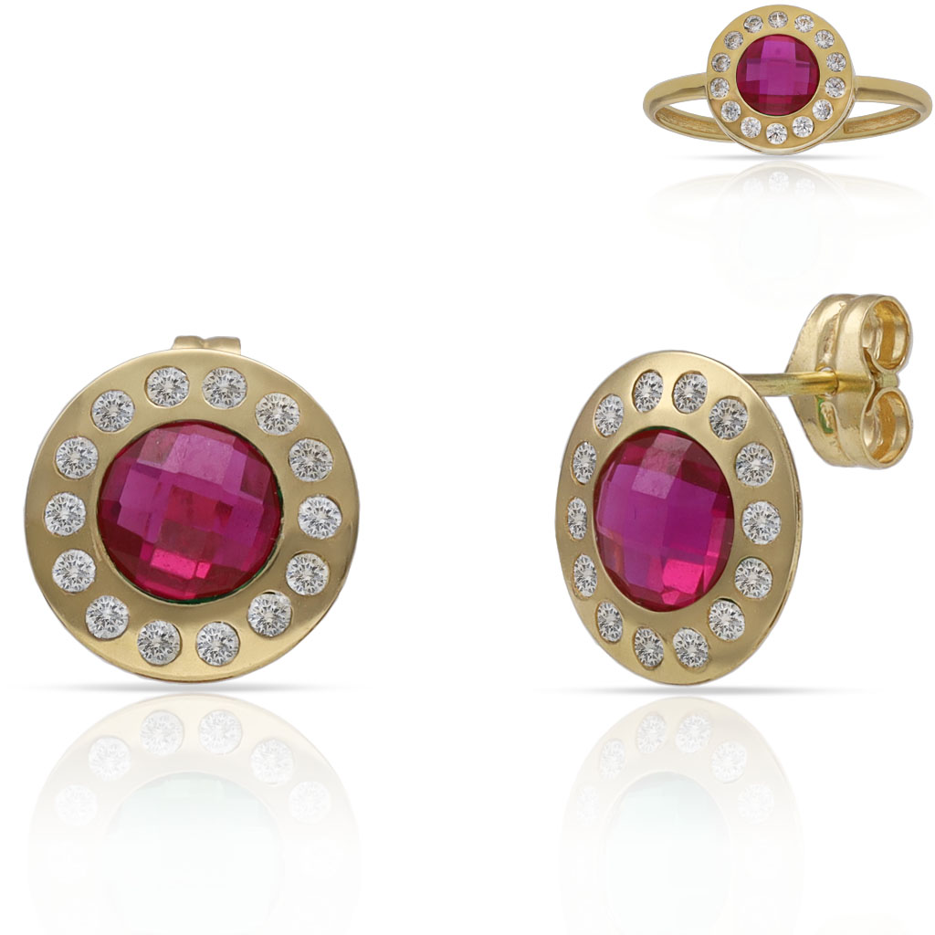 PENDIENTES ORO 18KL PIEDRAS ROJAS + CIRCONITAS - 10MM