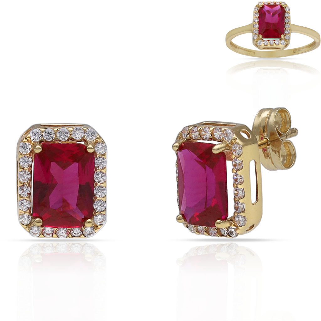 PENDIENTES ORO 18KL PIEDRAS ROJAS + CIRCONITAS - 7x9MM