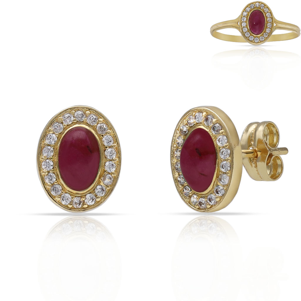 PENDIENTES ORO 18KL PIEDRAS ROJAS + CIRCONITAS - 7x9MM