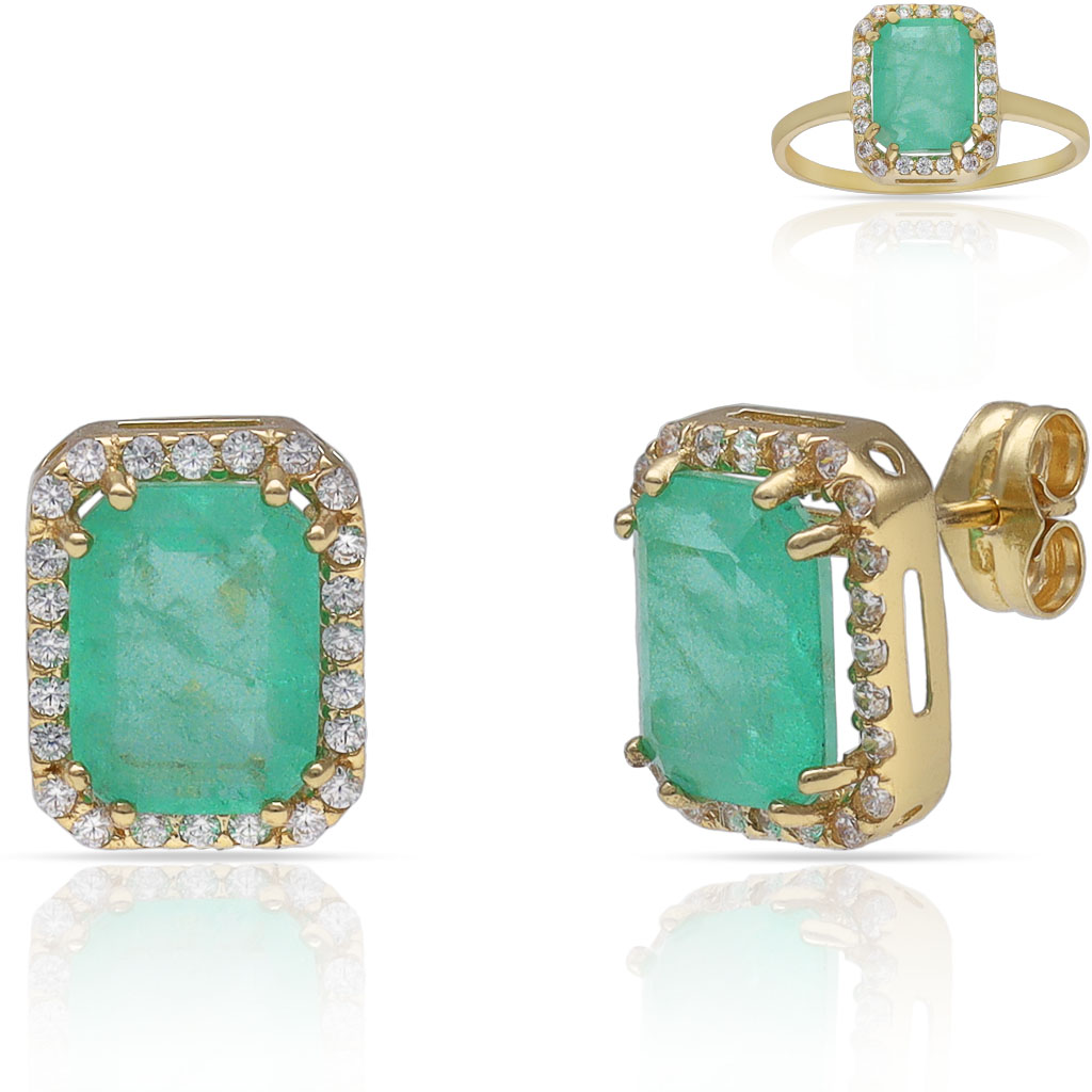 PENDIENTES ORO 18KL PIEDRAS VERDES + CIRCONITAS - 8x10MM
