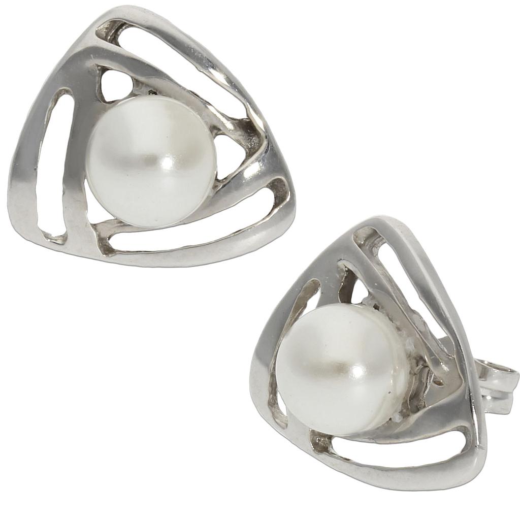 PENDIENTES ORO BLANCO 18KL TRIANGULAR PERLAS