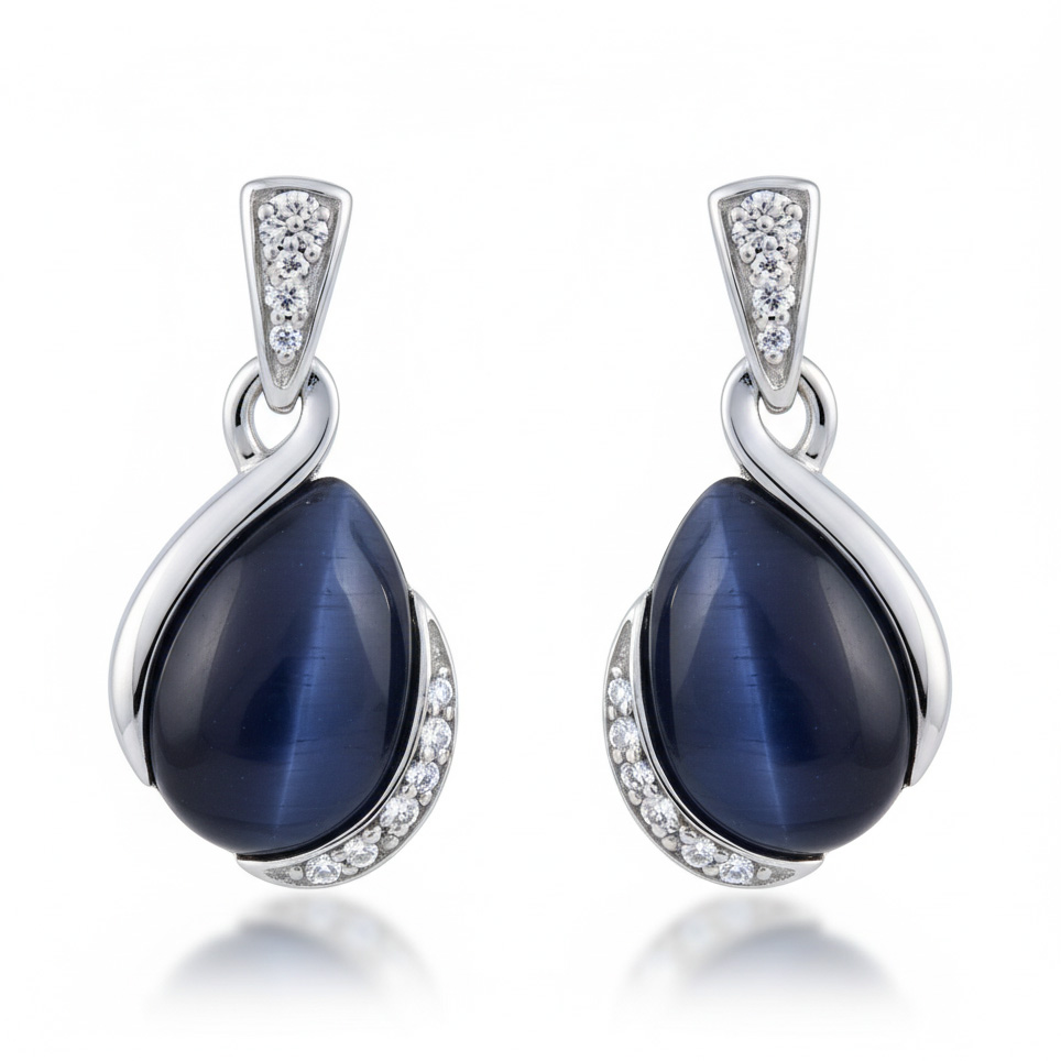 PENDIENTES PLATA 925MM OJO DE GATO AZUL