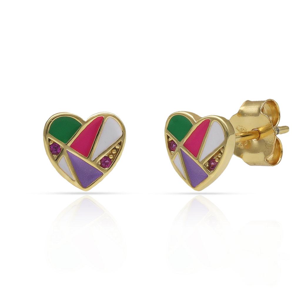 PENDIENTES PLATA CHAPADA ORO CORAZON ABSTRACTO ESMALTE - 7x7MM