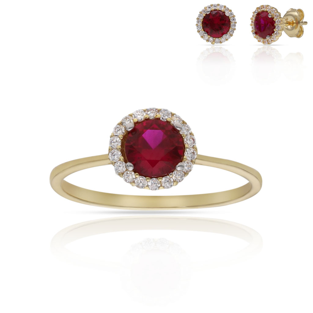 SORTIJA ORO 18KL CERCO CIRCONITAS + PIEDRA ROJA - 7MM