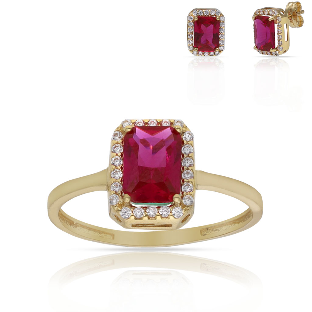 SORTIJA ORO 18KL PIEDRA ROJA + CIRCONITAS - 7x9MM