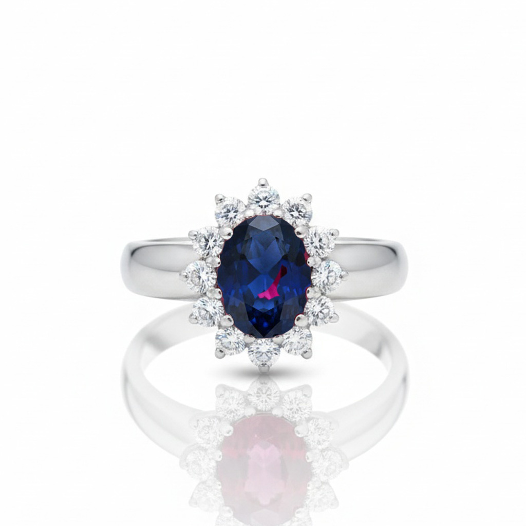 SORTIJA ORO BLANCO 18KL DIAMANTES + ZAFIRO FINO