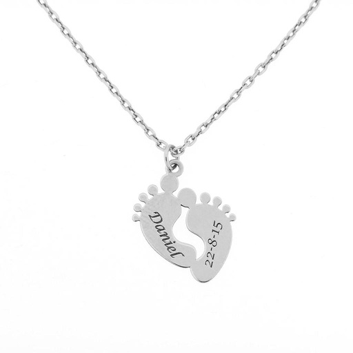 GARGANTILLA ORO BLANCO 18KL PIES BEBE NOMBRE + FECHA