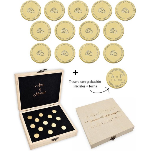 ARRAS PERSONALIZADAS ALIANZAS ACERO DORADO + ESTUCHE MADERA