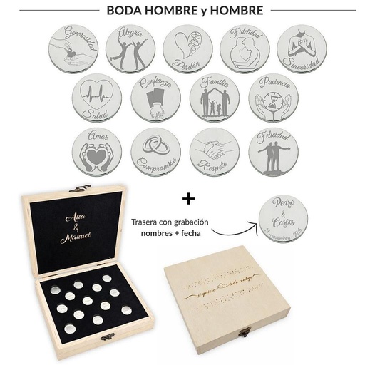 ARRAS PERSONALIZADAS BODA HOMBRE + HOMBRE · ACERO PLATEADO + ESTUCHE MADERA