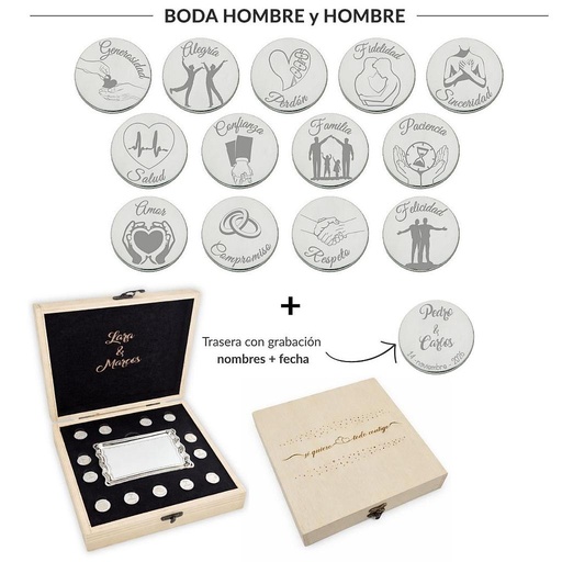 ARRAS PERSONALIZADAS BODA HOMBRE + HOMBRE · ACERO PLATEADO + ESTUCHE MADERA + BANDEJA