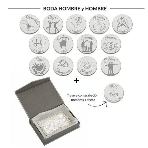 ARRAS PERSONALIZADAS BODA HOMBRE + HOMBRE · PLATA DE LEY + BANDEJA + ESTUCHE