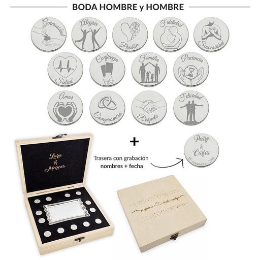 ARRAS PERSONALIZADAS BODA HOMBRE + HOMBRE · PLATA DE LEY + ESTUCHE MADERA + BANDEJA