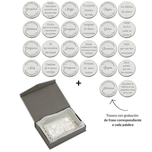 ARRAS PERSONALIZADAS PALABRA + FRASE · ACERO PLATEADO + BANDEJA + ESTUCHE