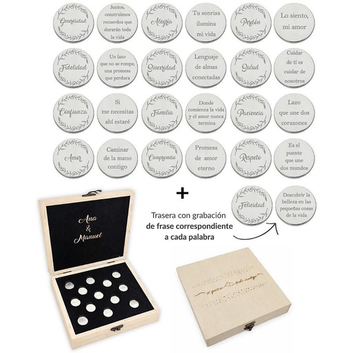 ARRAS PERSONALIZADAS PALABRA + FRASE · ACERO PLATEADO + ESTUCHE MADERA