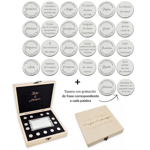 ARRAS PERSONALIZADAS PALABRA + FRASE · ACERO PLATEADO + ESTUCHE MADERA + BANDEJA