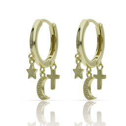 [AG1619] AROS PLATA CHAPADA ORO ESTRELLA + LUNA + CRUZ - 5MM