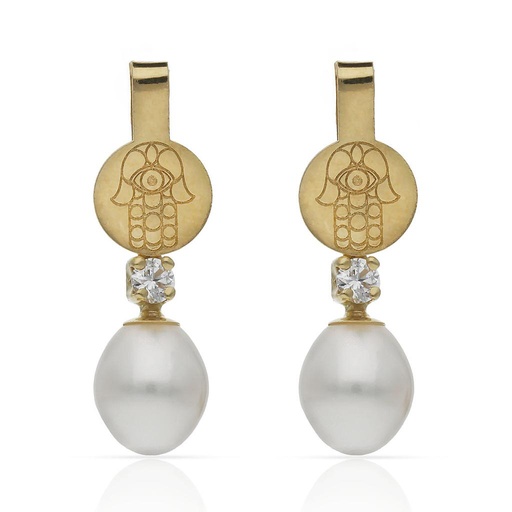 PENDIENTES ORO 18KL MANO DE FATIMA + PERLAS