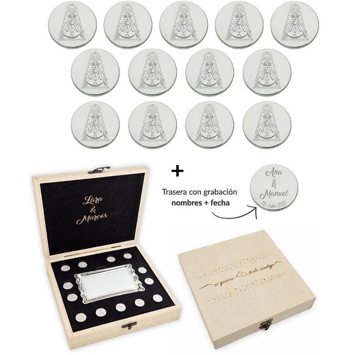 ARRAS PERSONALIZADAS V. DEL ROCIO · ACERO PLATEADO + ESTUCHE MADERA + BANDEJA