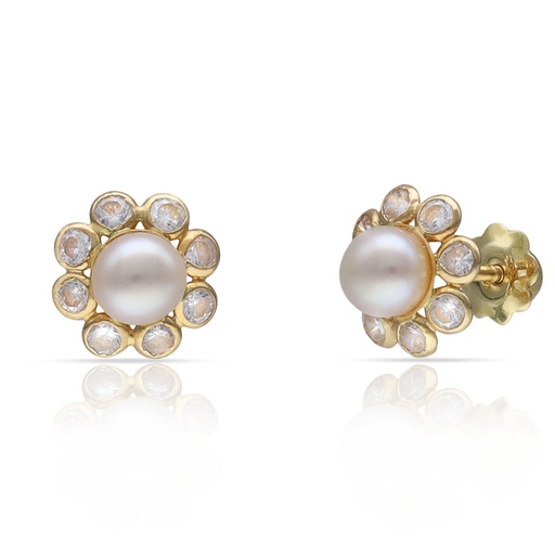 PENDIENTES ORO 18KL PERLA + CIRCONITAS - 8MM
