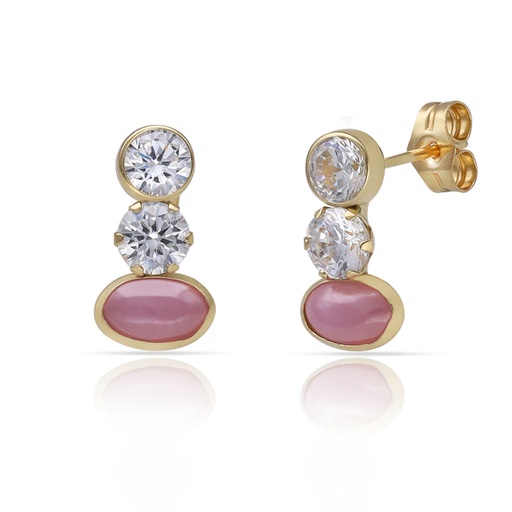 PENDIENTES ORO 18KL PIEDRA ROSA MILKY + CIRCONITAS - 6.50x12MM