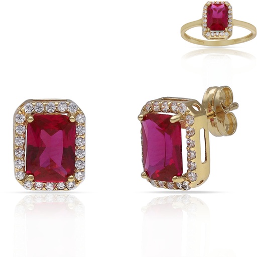 PENDIENTES ORO 18KL PIEDRAS ROJAS + CIRCONITAS - 7x9MM