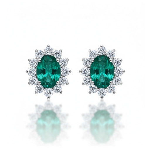 PENDIENTES ORO BLANCO 18KL DIAMANTES + ESMERALDAS FINAS