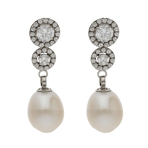 PENDIENTES ORO BLANCO 18KL PERLAS CULTIVADAS + CIRCONITAS - 8x26MM